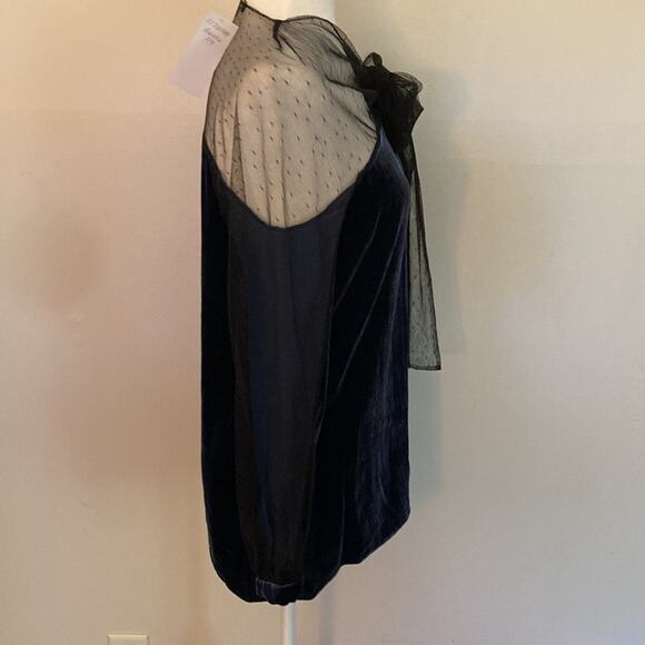 NWT BCBGMaxAzria Navy Velvet & Black Lace Sleeve Top Sz Small - Picture 8 of 11